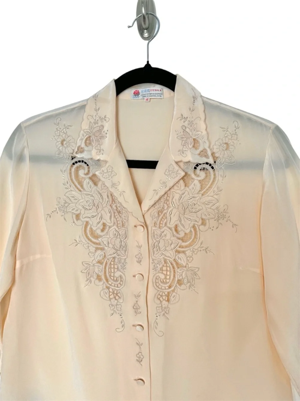 Vintage 100% Silk Embroidered Lace Cutout Blouse Feminine Prairiecore Romantic - Picture 3 of 12